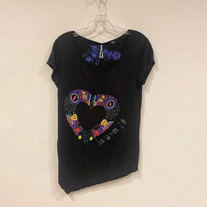 Desigual Beaded Heart Asymmetrical Tee Size Small EUC